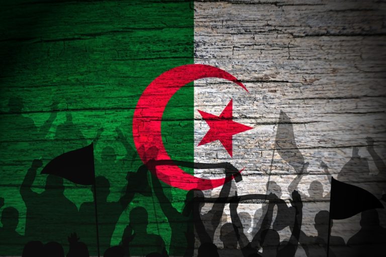 Algeria flag painting on wood and Protesters shadow