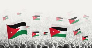 Abstract crowd with flag of Jordan. Peoples protest, revolution, strike and demonstration with flag of Jordan. Vector illustration.