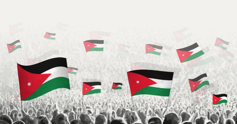 Abstract crowd with flag of Jordan. Peoples protest, revolution, strike and demonstration with flag of Jordan. Vector illustration.